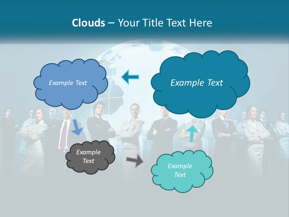 A Group Of Business People Standing In Front Of A Globe PowerPoint Template