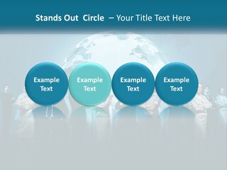 A Group Of Business People Standing In Front Of A Globe PowerPoint Template