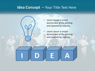 A Group Of Business People Standing In Front Of A Globe PowerPoint Template