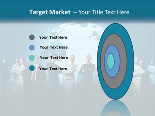 A Group Of Business People Standing In Front Of A Globe PowerPoint Template