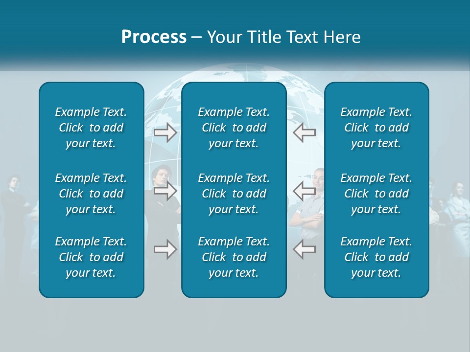 A Group Of Business People Standing In Front Of A Globe PowerPoint Template