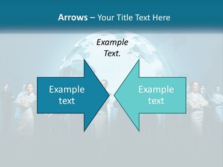 A Group Of Business People Standing In Front Of A Globe PowerPoint Template