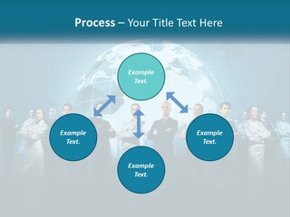 A Group Of Business People Standing In Front Of A Globe PowerPoint Template