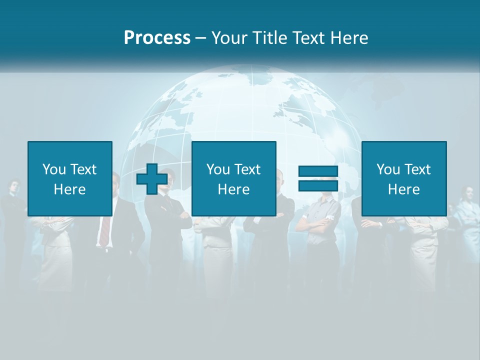 A Group Of Business People Standing In Front Of A Globe PowerPoint Template