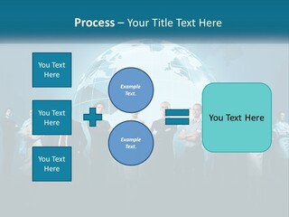 A Group Of Business People Standing In Front Of A Globe PowerPoint Template