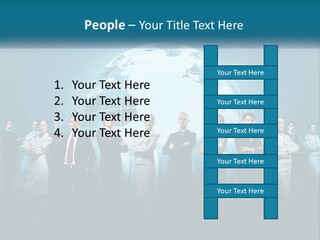 A Group Of Business People Standing In Front Of A Globe PowerPoint Template