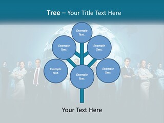 A Group Of Business People Standing In Front Of A Globe PowerPoint Template