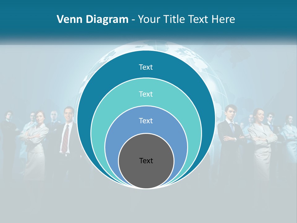 A Group Of Business People Standing In Front Of A Globe PowerPoint Template