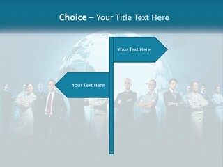 A Group Of Business People Standing In Front Of A Globe PowerPoint Template
