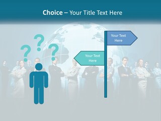 A Group Of Business People Standing In Front Of A Globe PowerPoint Template