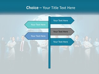 A Group Of Business People Standing In Front Of A Globe PowerPoint Template
