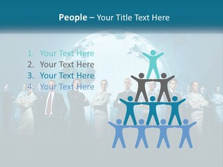 A Group Of Business People Standing In Front Of A Globe PowerPoint Template