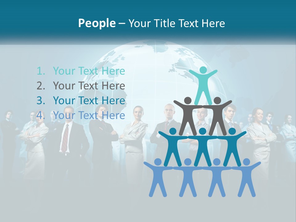 A Group Of Business People Standing In Front Of A Globe PowerPoint Template