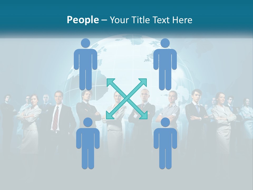 A Group Of Business People Standing In Front Of A Globe PowerPoint Template