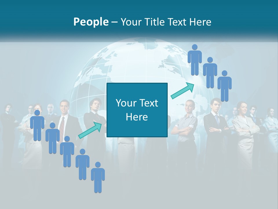A Group Of Business People Standing In Front Of A Globe PowerPoint Template