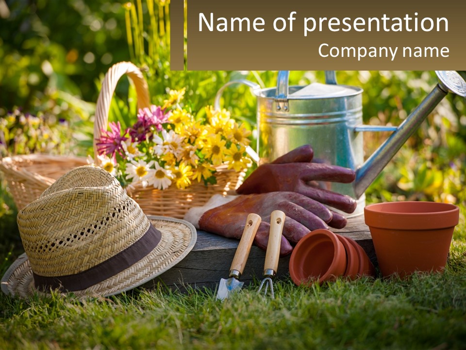 A Garden With Gardening Tools And Flowers In The Background PowerPoint Template