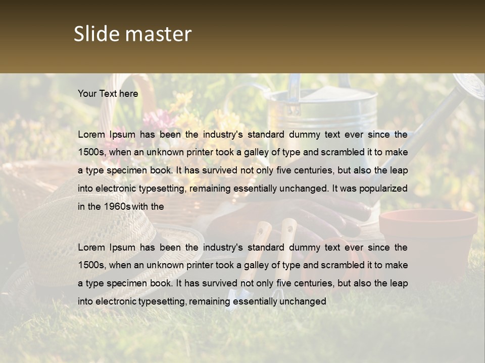 A Garden With Gardening Tools And Flowers In The Background PowerPoint Template