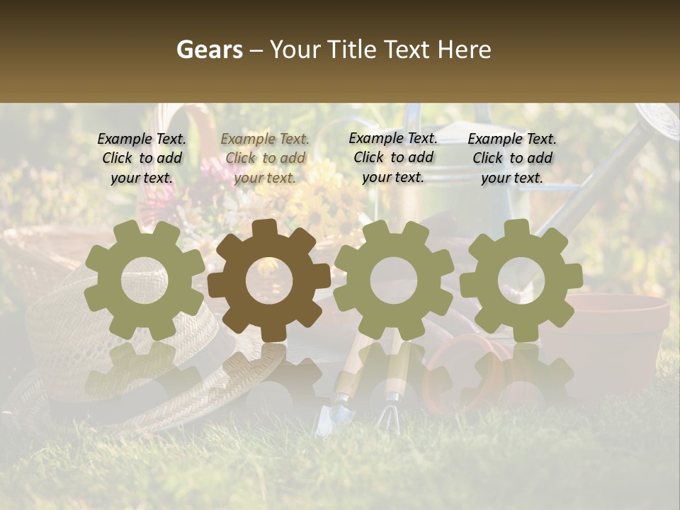 A Garden With Gardening Tools And Flowers In The Background PowerPoint Template