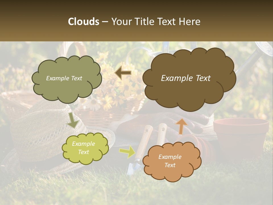 A Garden With Gardening Tools And Flowers In The Background PowerPoint Template