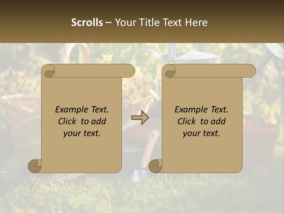 A Garden With Gardening Tools And Flowers In The Background PowerPoint Template