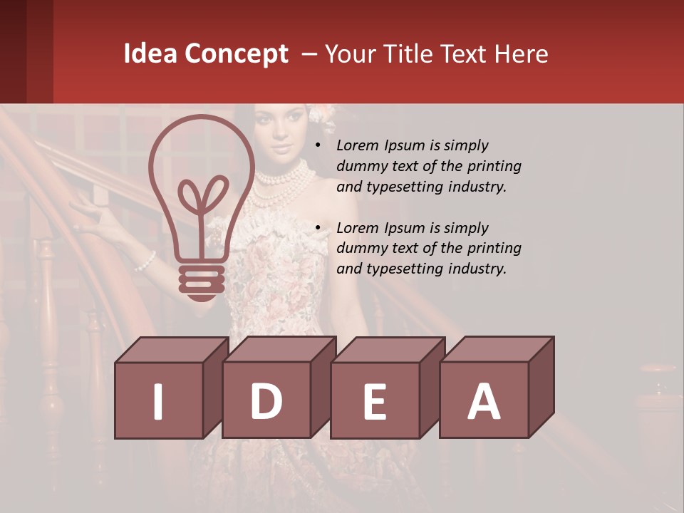 A Woman In A Dress Standing On A Stair Case PowerPoint Template