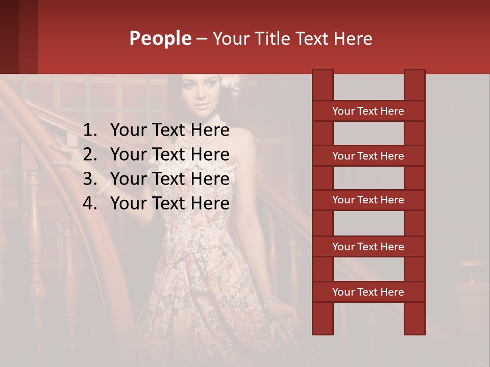 A Woman In A Dress Standing On A Stair Case PowerPoint Template