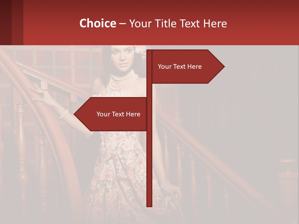 A Woman In A Dress Standing On A Stair Case PowerPoint Template