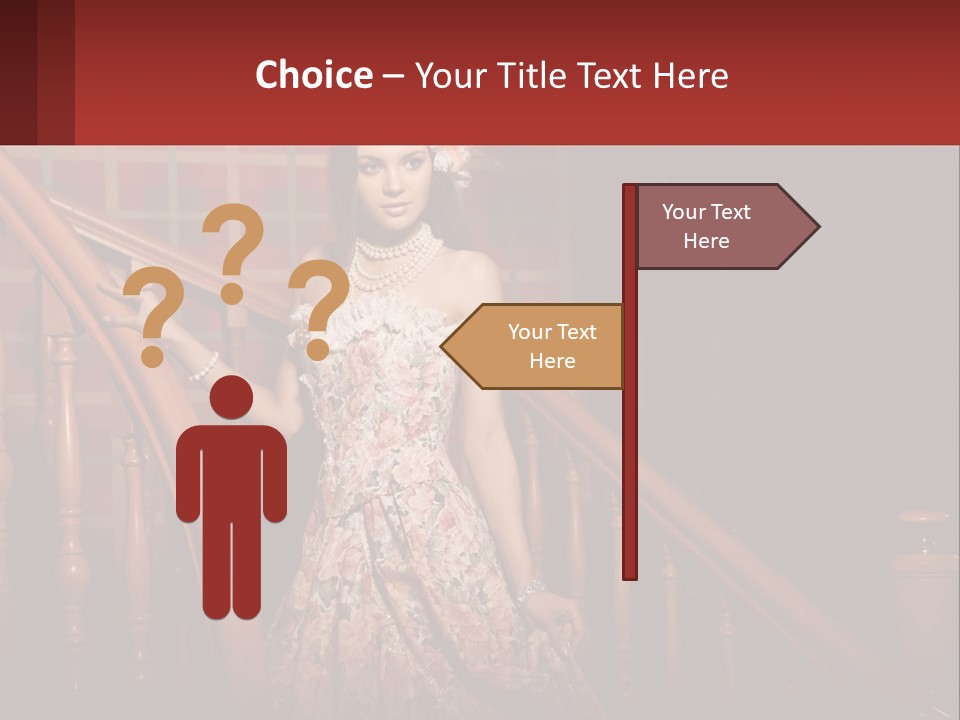 A Woman In A Dress Standing On A Stair Case PowerPoint Template