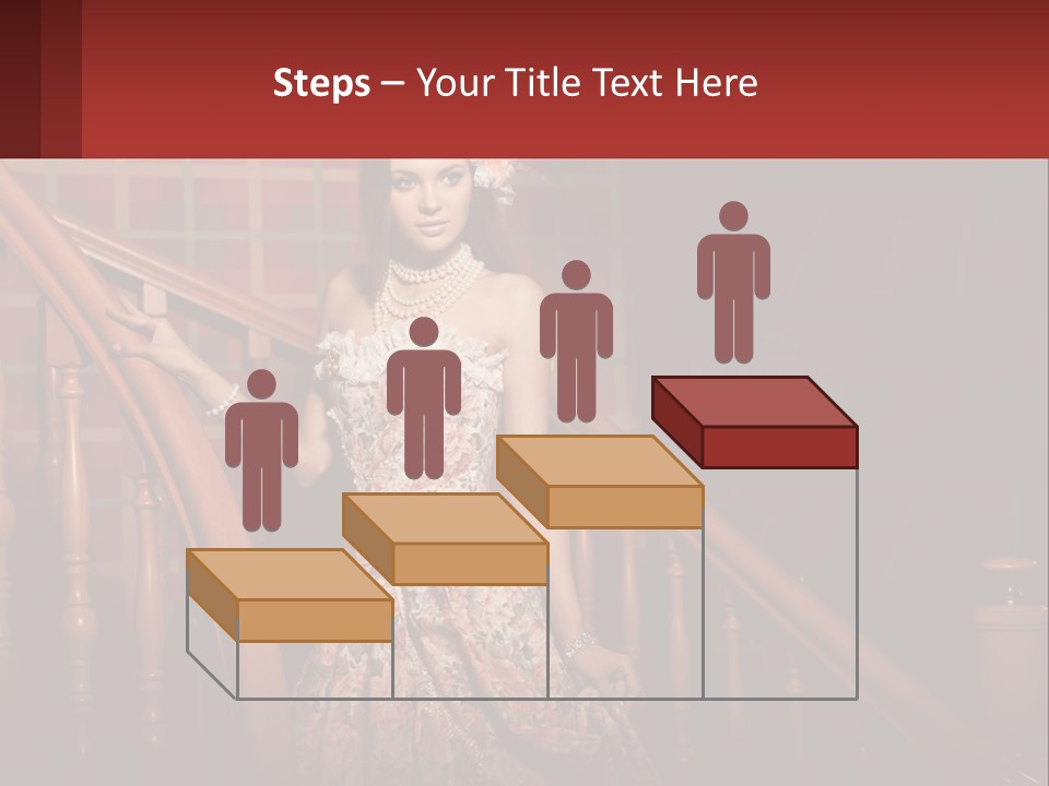 A Woman In A Dress Standing On A Stair Case PowerPoint Template