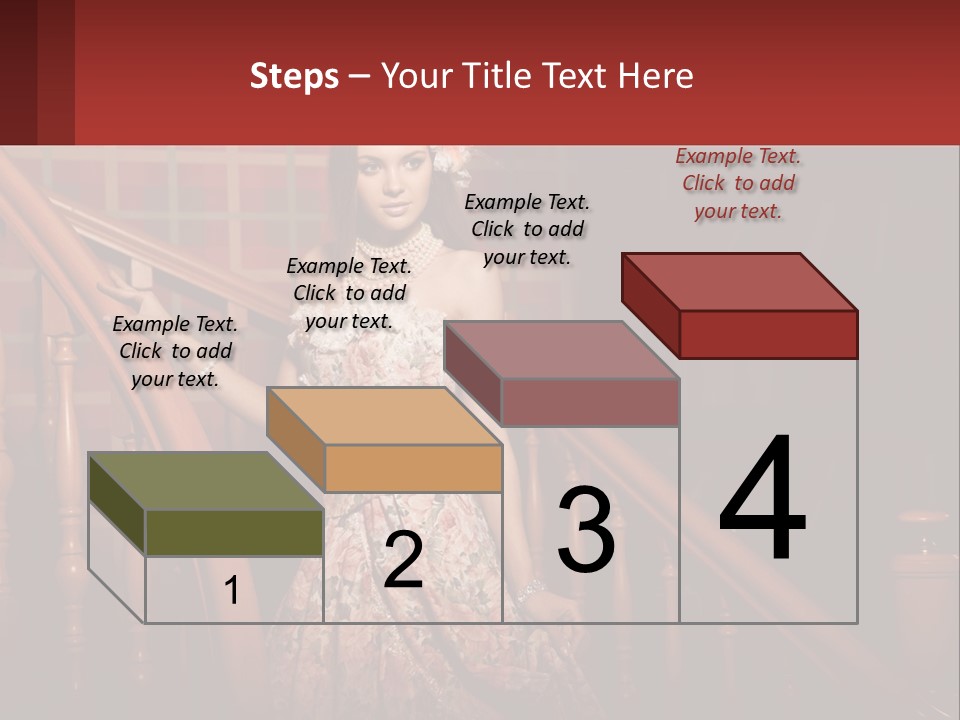 A Woman In A Dress Standing On A Stair Case PowerPoint Template
