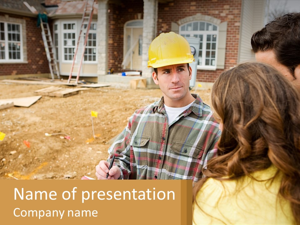 A Man And Woman Standing In Front Of A House Under Construction PowerPoint Template