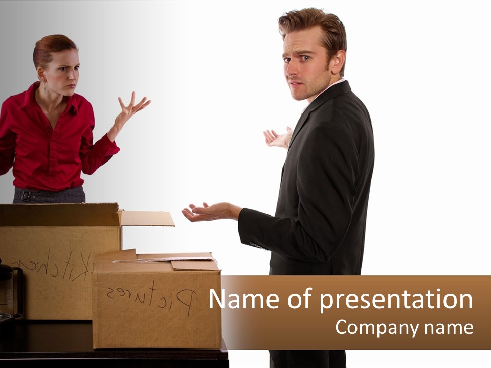 A Man And A Woman Standing Next To Boxes PowerPoint Template