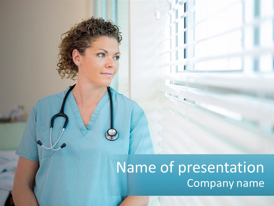A Woman Doctor Standing In Front Of A Window With A Stethoscope On PowerPoint Template