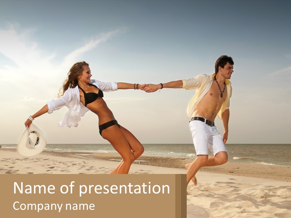 A Man And A Woman Playing Frisbee On The Beach PowerPoint Template