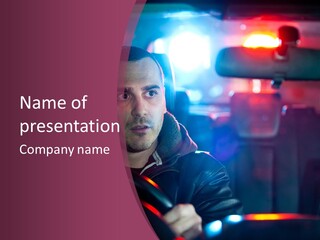 A Man Driving A Car With A Red Light In The Background PowerPoint Template