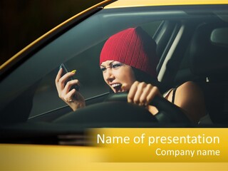 A Woman Driving A Car With A Cell Phone In Her Hand PowerPoint Template