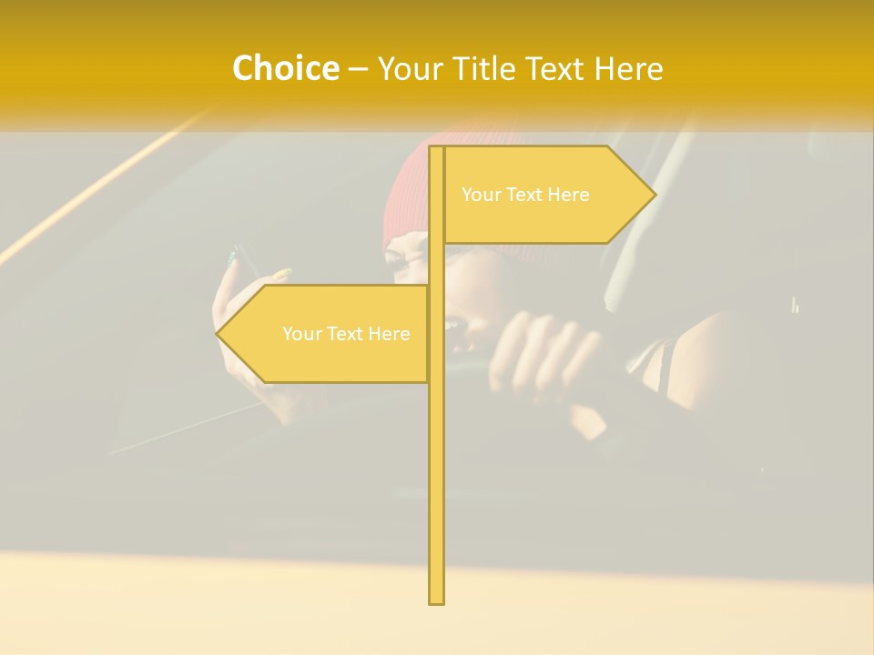 A Woman Driving A Car With A Cell Phone In Her Hand PowerPoint Template