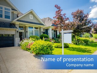 A House With A Sign In Front Of It That Says Name Of Presentation Company Name PowerPoint Template