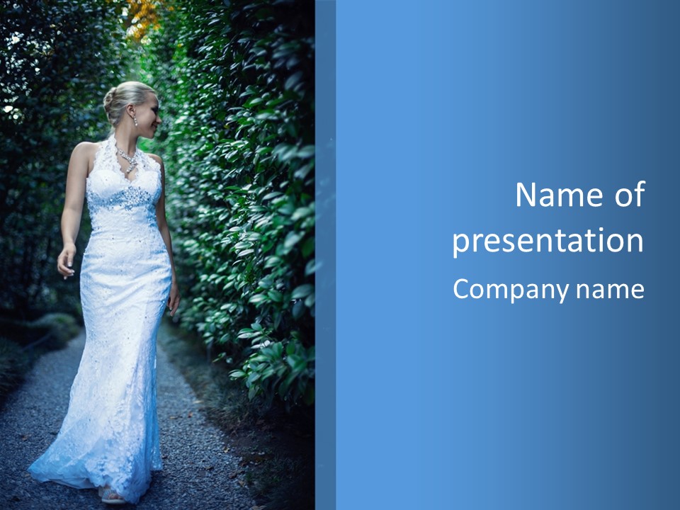 A Woman In A White Dress Is Walking Down A Path PowerPoint Template