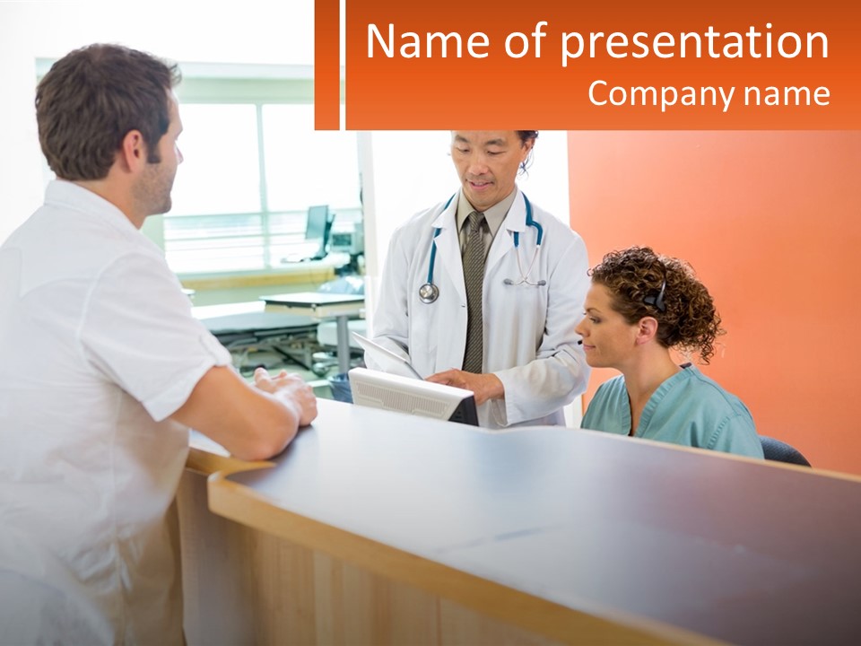 A Doctor Is Talking To A Patient At The Reception Desk PowerPoint Template