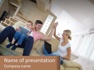 A Man And Woman Sitting On A Couch With A Child PowerPoint Template