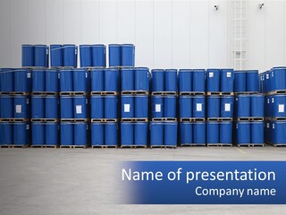 A Large Stack Of Blue Barrels In A Warehouse PowerPoint Template