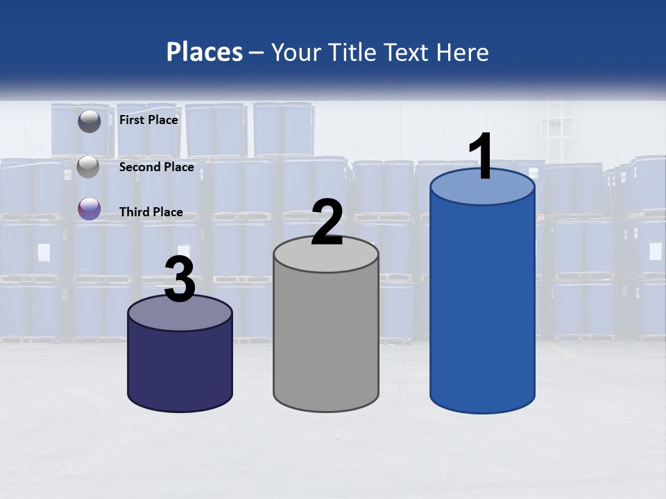 A Large Stack Of Blue Barrels In A Warehouse PowerPoint Template
