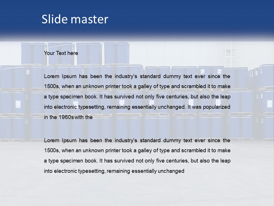 A Large Stack Of Blue Barrels In A Warehouse PowerPoint Template