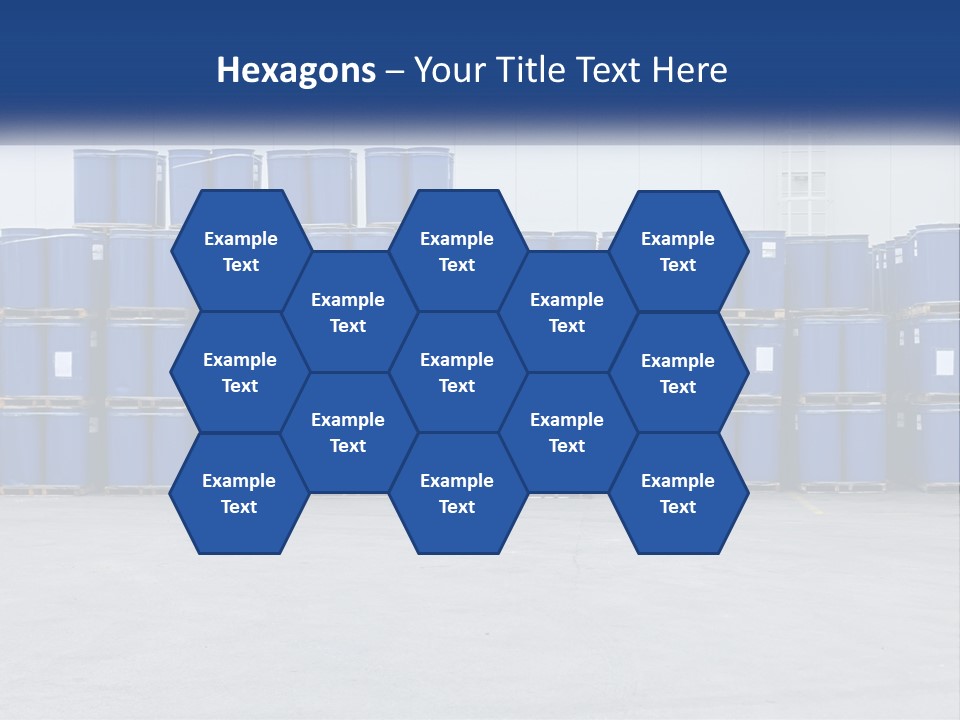 A Large Stack Of Blue Barrels In A Warehouse PowerPoint Template