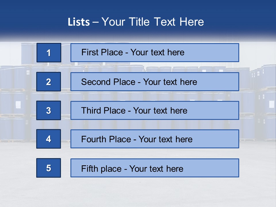 A Large Stack Of Blue Barrels In A Warehouse PowerPoint Template