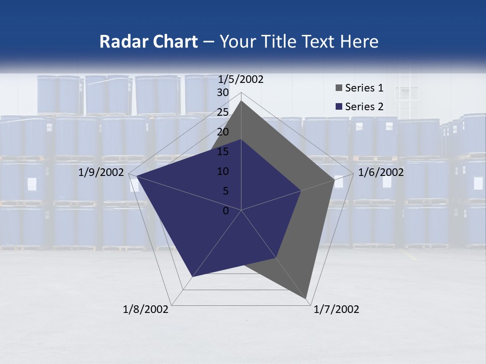 A Large Stack Of Blue Barrels In A Warehouse PowerPoint Template