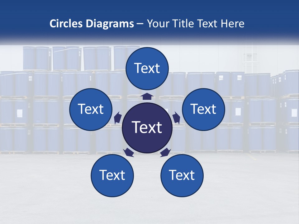 A Large Stack Of Blue Barrels In A Warehouse PowerPoint Template