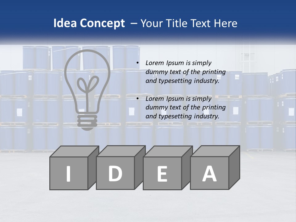 A Large Stack Of Blue Barrels In A Warehouse PowerPoint Template