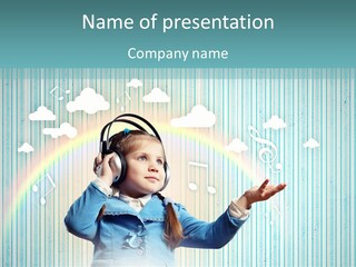 A Little Girl Listening To Headphones With A Rainbow In The Background PowerPoint Template